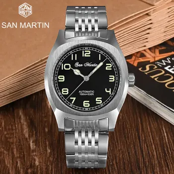 Мужские роскошные часы San Martin 38 мм Оригинальный дизайн Квадратные Винтажные Спортивные Простые часы в стиле милитари Высокого качества Sapphire 10Bar