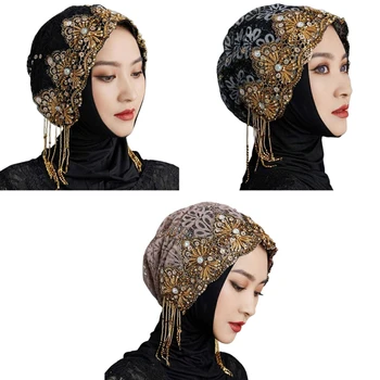 Мусульманский хиджаб для женщин, модная вышитая бисером Легкая исламская молитвенная бандана, кружевные вязаные шапки-тюрбаны, эластичные для обертывания головы.