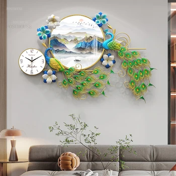 Настенные часы в стиле ретро с павлином, украшение дома для гостиной, Настенные часы с креативной пейзажной живописью, Часы для ресторана отеля, Часы B