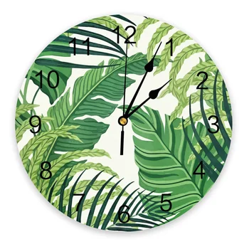 Настенные часы с зелеными тропическими листьями, большие современные кухонные обеденные круглые настенные часы, Бесшумные подвесные часы в спальне