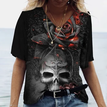 Новая летняя футболка с принтом черепа, женская футболка с коротким рукавом и V-образным вырезом, Уличная Свободная футболка в стиле хип-хоп, Летняя модная женская футболка