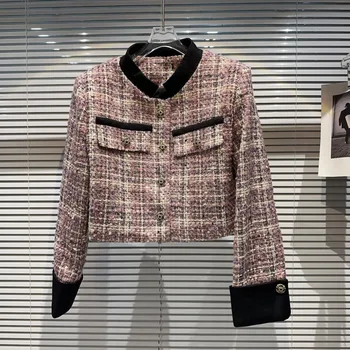 Новая осенняя коллекция PREPOMP 2023 Бархатный воротник стойка Розовая клетчатая Твидовая короткая куртка Женское пальто GL150