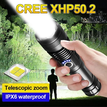 Обновите Перезаряжаемый светодиодный фонарик высокой мощности CREE XHP50.2 Фонари из алюминиевого сплава, тактический фонарь для аварийного кемпинга
