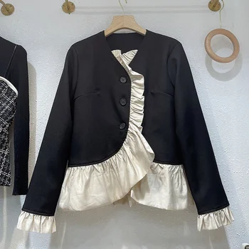 Осенний Французский женский пиджак с деревянными ушками 2023, Новые Корейские шикарные пальто нишевого дизайна, Небольшой аромат, Элегантный женский топ.