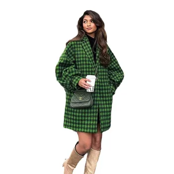 Осень-зима Y2K INS, длинный рукав-фонарь, воротник с лацканами, свободное пальто на одной пуговице, верхняя одежда, винтажная шерстяная куртка в клетку для женщин