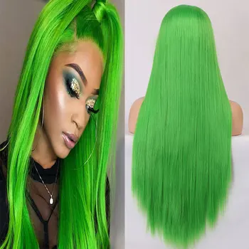 Парик из зеленых синтетических волос на кружеве, прямое термостойкое волокно, натуральная линия роста волос, свободный пробор для париков афроамериканок