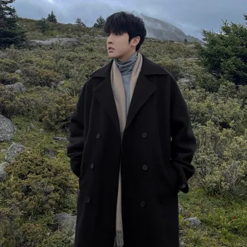 Разборчивая повседневная зимняя шерстяная куртка Мужские свободные Корейские длинные пальто Мужские однотонные шерстяные пальто с отложным воротником Мужские