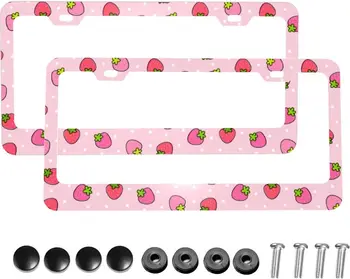 Рамка номерного знака Strawberry 2шт, алюминий, металл с завинчивающимися крышками, 2 отверстия, держатель для автомобильных бирк, рамки для автомобилей стандарта США
