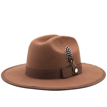 Ретро Классическая осенне-зимняя теплая женская мужская фетровая кепка с затонувшим пером, фетровая шляпа, Джазовый котелок, ковбойская шляпа 56-58 см, Регулировка