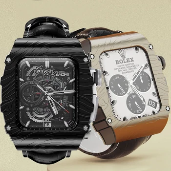 Роскошный чехол из нержавеющей стали для Apple Watch 8 7 6 5 SE, кожаный ремешок, спортивный ремешок для iWatch серии 9, комплект для модификации 45 мм 44 мм