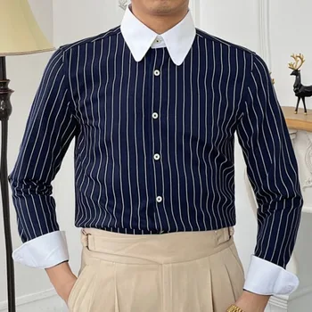 Рубашка в полоску с контрастной строчкой, повседневное платье-рубашка Camisa Masculina, итальянская рубашка высшего качества для британских мужчин с длинным рукавом