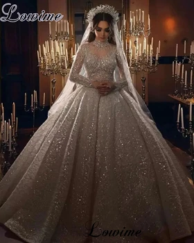 Свадебные платья из блестящего бисера для женщин Дубай Арабские Свадебные платья с длинными рукавами и высоким воротом Vestido De Casamento Платья для невест