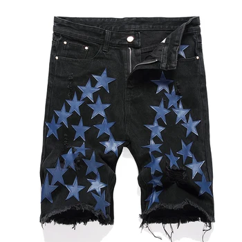 Свободные прямые летние джинсовые шорты для мужчин с вышитой звездой, модные брюки средней длины, черная уличная одежда с рваными отверстиями