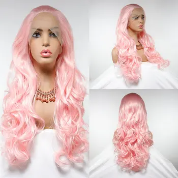 Синтетический парик на кружеве Body Wave Living Pink Бесклеевой из высококачественного термостойкого волокна, предварительно выщипанный по линии роста волос для женских париков