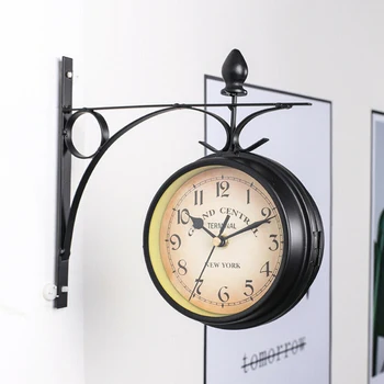 Украшение Двойная Подвесная станция Настенные часы В стиле Центрального сада Снаружи Европейские Часы Железный Ретро кронштейн Часы
