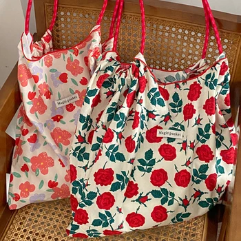 Холщовая сумка с цветочным принтом, сумка для книг, Многоразовые женские сумки большой емкости, простые модные повседневные сумки для покупок для женщин