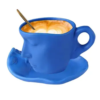 Чашка для чая с лицом, керамическая Кофейная кружка, набор из 3 кофейных чашек с абстрактным лицом, ложкой и блюдцем, чашка с абстрактным креативным дизайном Kiss Face