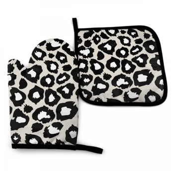 Черно-белый набор прихваток с леопардовым принтом и держатель для кастрюли, термостойкие кухонные перчатки с внутренним хлопковым слоем для приготовления пищи