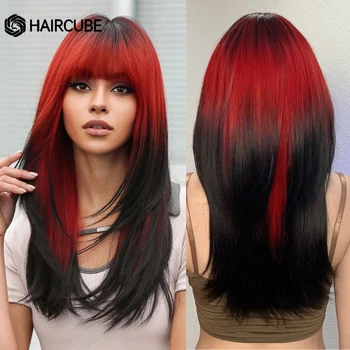 Черные синтетические парики HAIRCUBE Ombre с красной челкой, парик из длинных прямых многослойных волос для женщин, Термостойкий парик для косплея на Хэллоуин