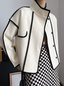 Шерстяная контрастная замшевая куртка в стиле пэчворк, женская однобортная куртка с воротником-стойкой, однобортное пальто с длинным рукавом, винтажные осенние топы и пальто.