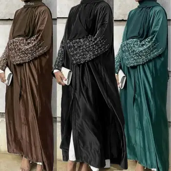 Элегантное платье ручной работы, расшитое бисером, Открытая Абайя, кафтан, Этнический кардиган, халат, женская мода Дубая, мусульманские платья в Рамадан.